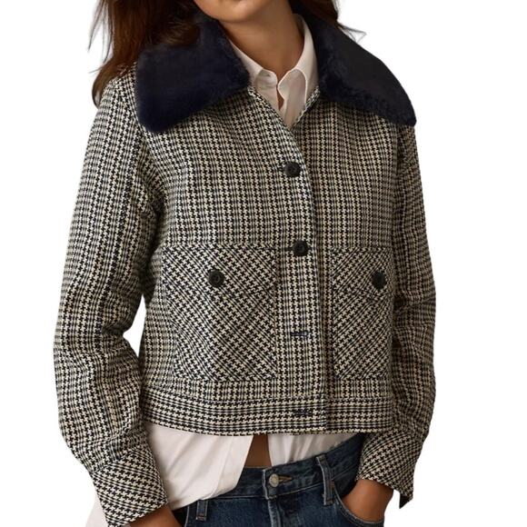 Maeve Jackets & Blazers - Anthropologie Maeve Tweed Faux Fur-Collar Jacket Houndstooth Navy NEW Large
